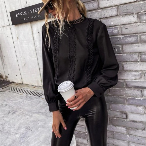 Long sleeve lace Keyhole elegant blouse boho black - Picture 3 of 5